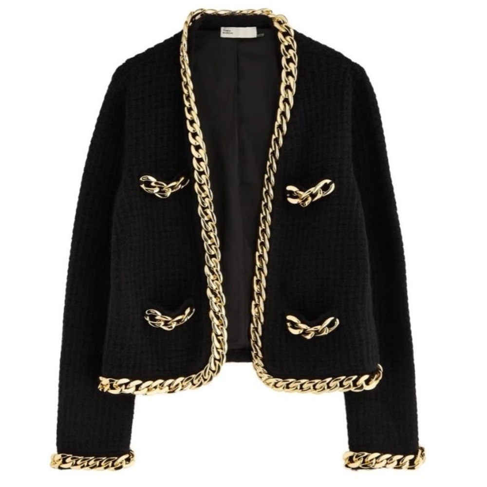 Tory Burch Black and Gold Chain Trim Blazer